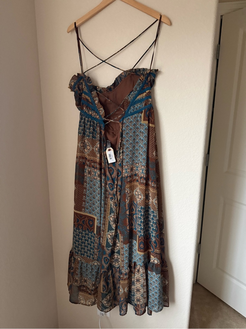 Dress Forum Large Vintage Patchwork Print Midi Dress Open Back Boho Size L - Picture 3 of 5